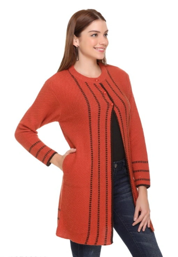 CLAPTON Women Round Neck Rust Full Sleeve  With Pocket Wool Cardigan (Outer Long) - M, Rust, Wool, Pack of1